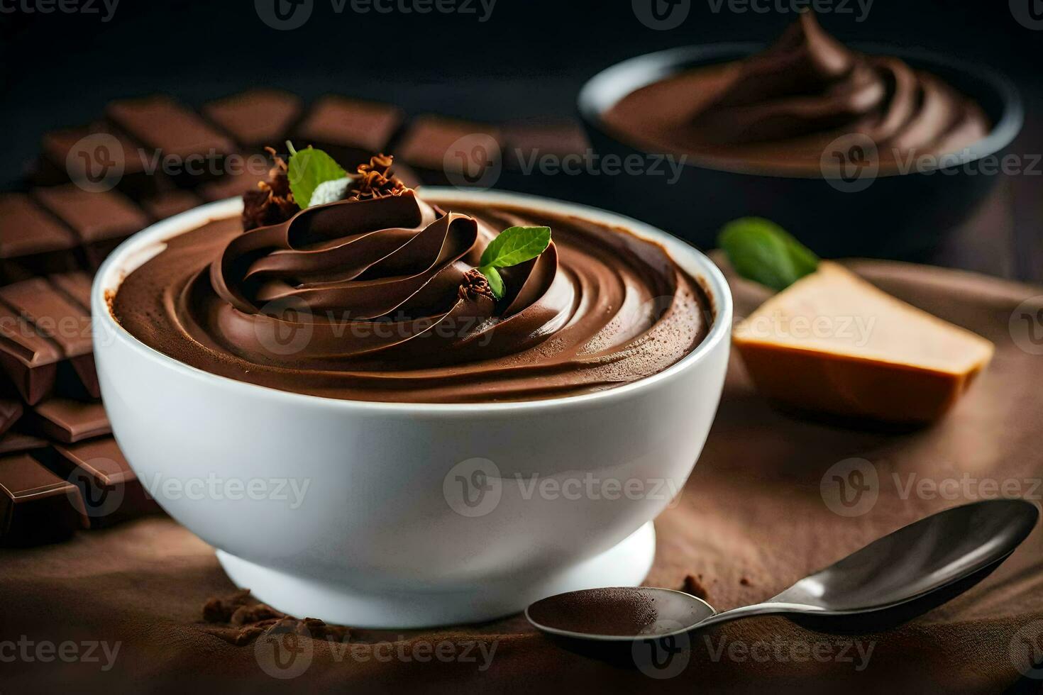chocolate pudding in a bowl with chocolate pieces and a spoon. AI-Generated photo