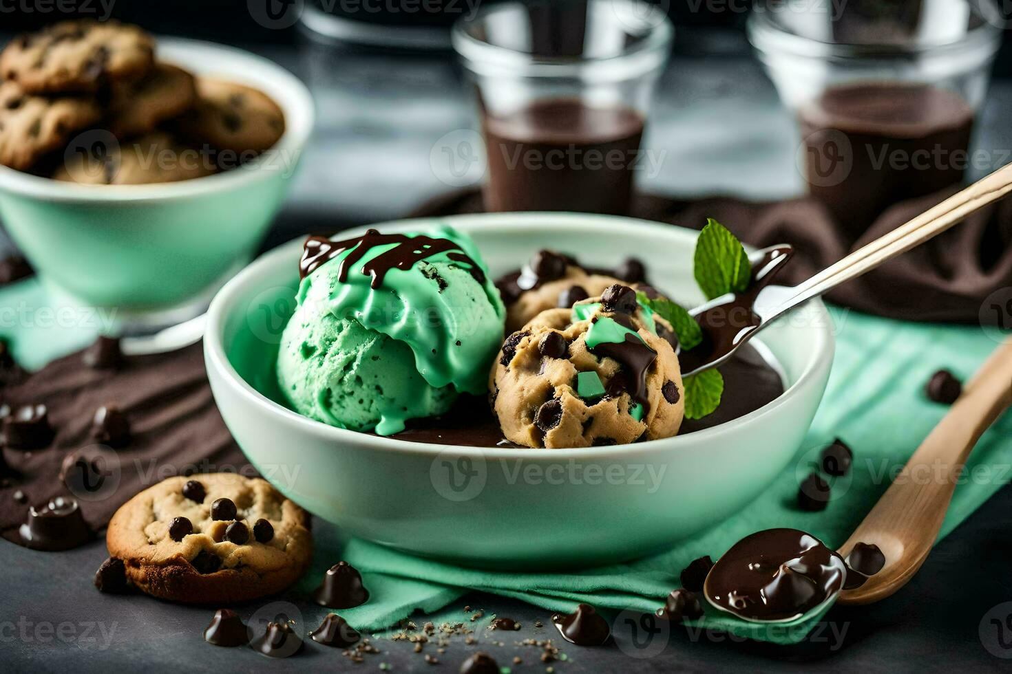 chocolate chip galletas con menta hielo crema en un bol. generado por ai foto