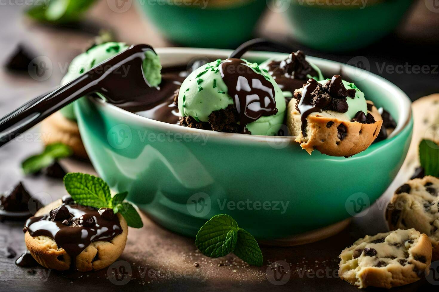 chocolate mint ice cream with cookies and mint leaves. AI-Generated photo