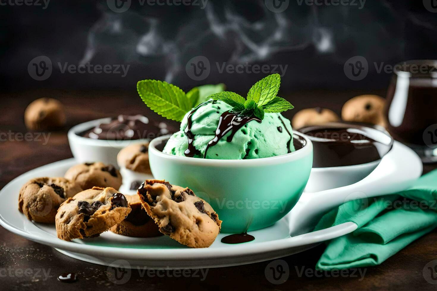chocolate chip galletas y menta hielo crema en un bol. generado por ai foto