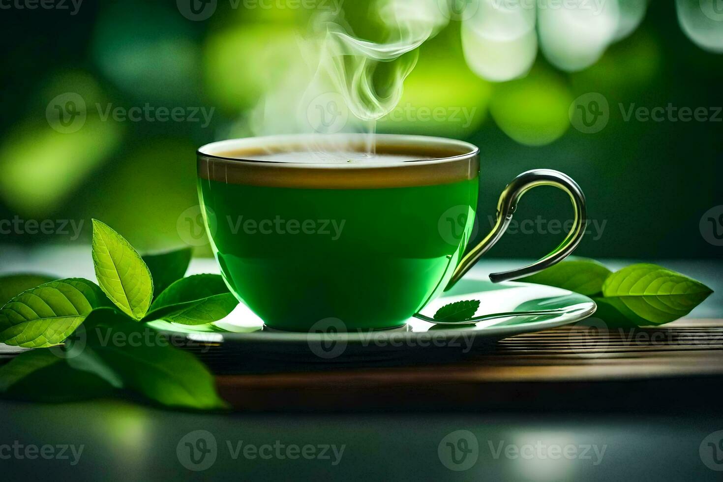 green tea, cup, saucer, leaf, steam, green, leaf, green tea,. AI-Generated photo