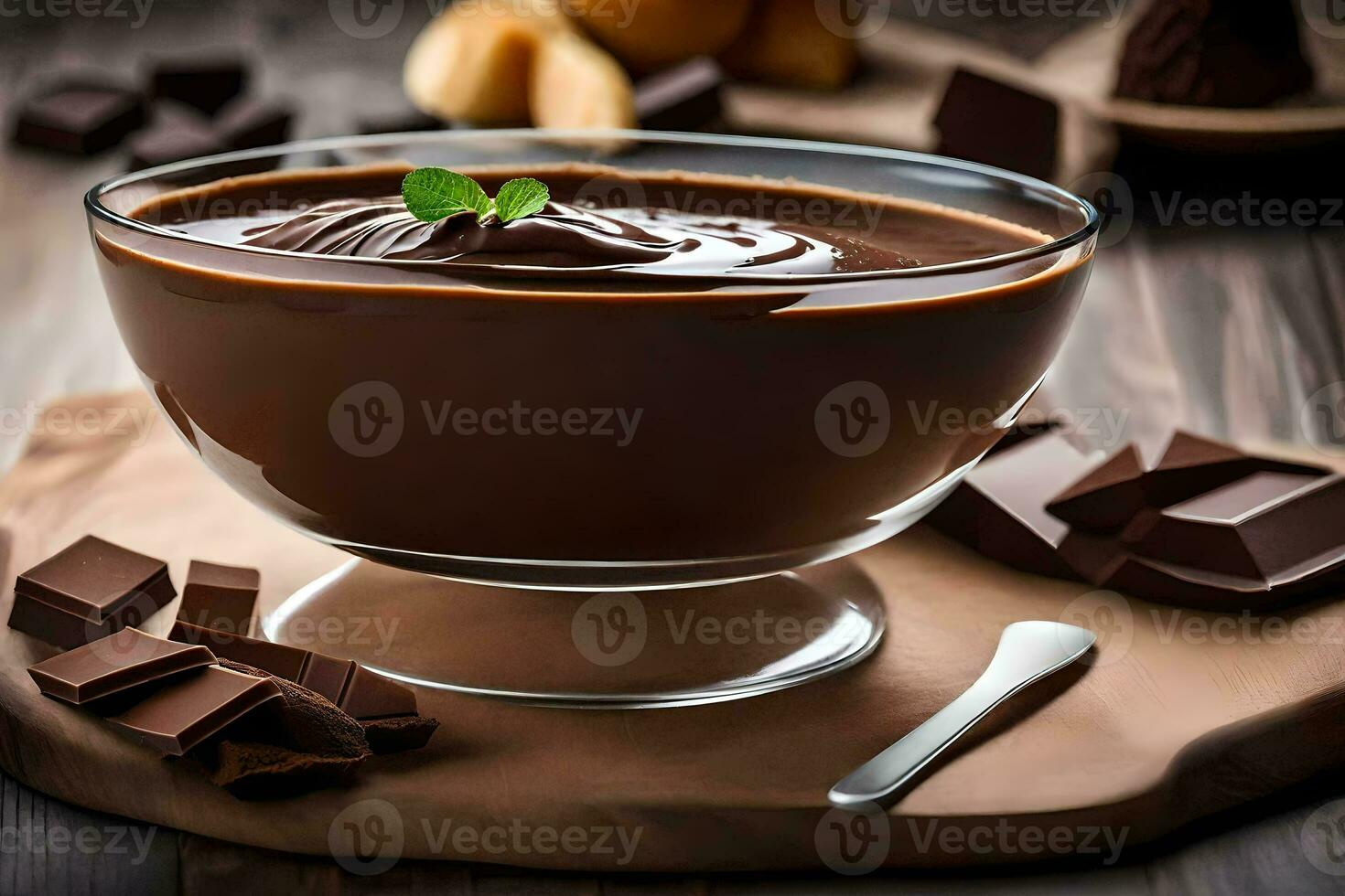 chocolate pudding in a glass bowl. AI-Generated photo