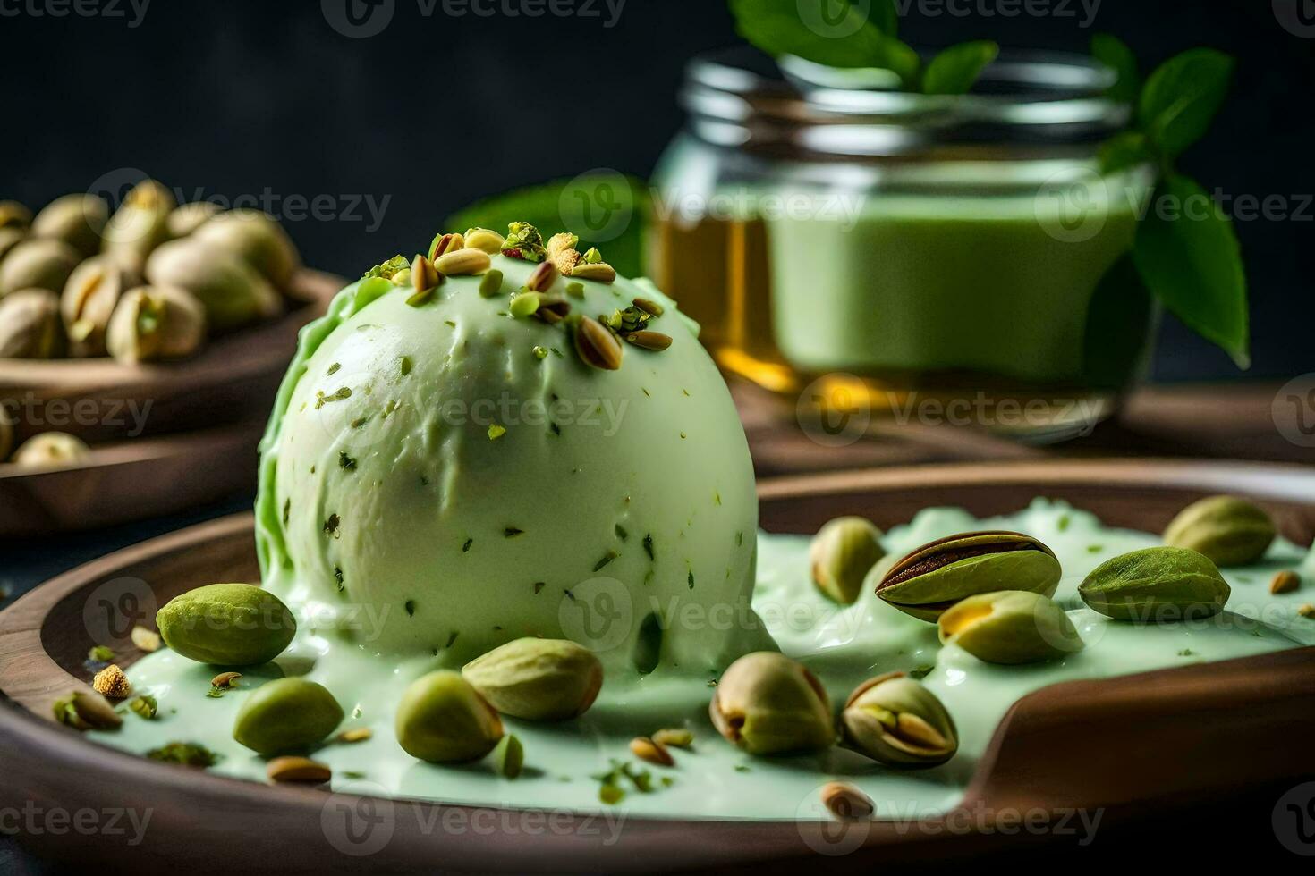 pistachio ice cream with pistachio nuts and mint leaves on a wooden plate. AI-Generated photo