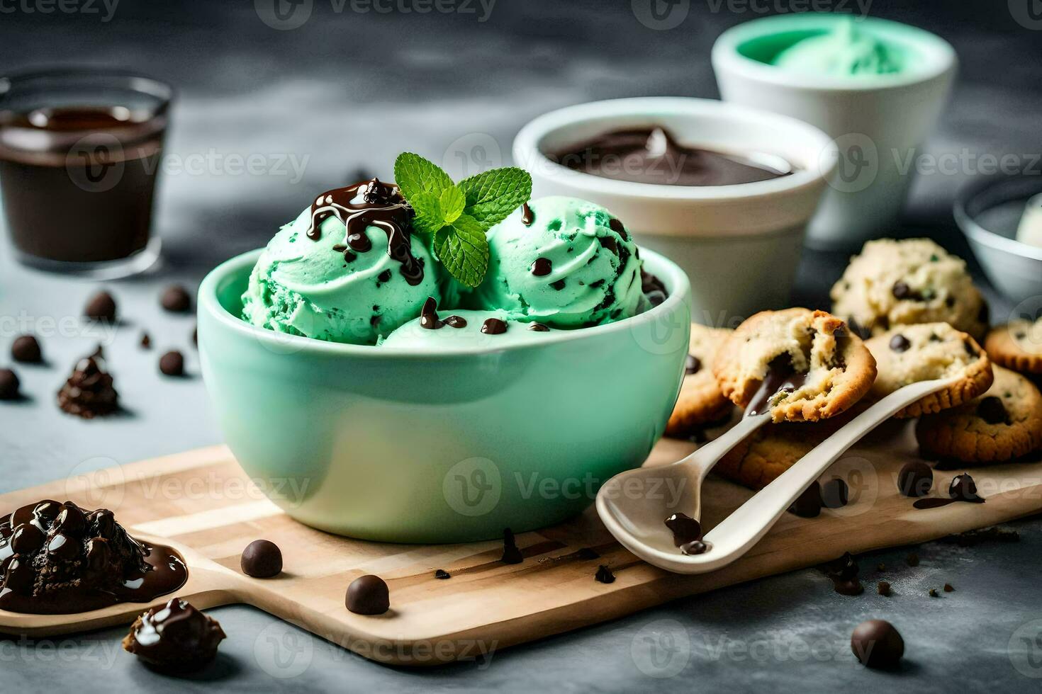 hielo crema con menta y chocolate papas fritas. generado por ai foto