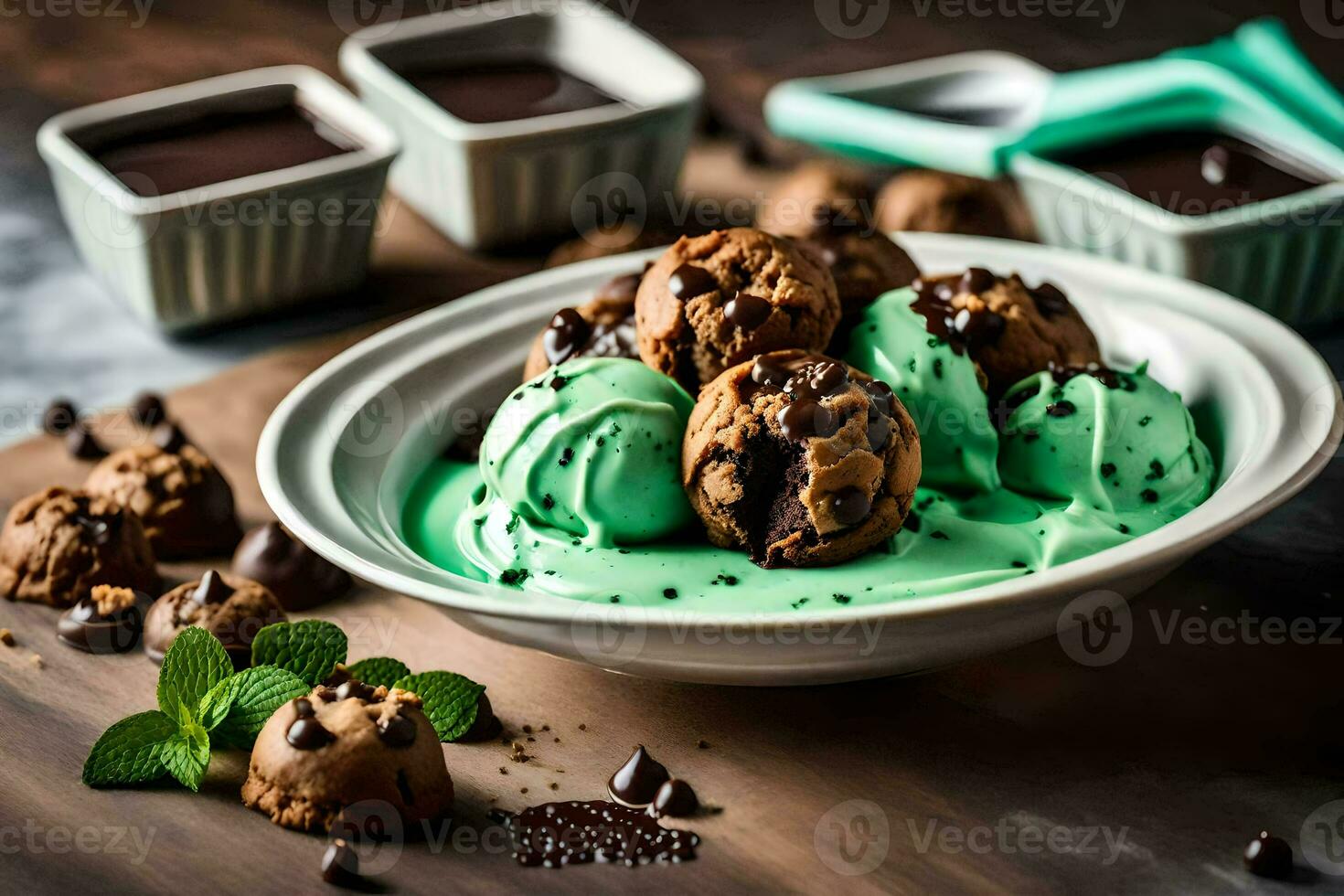 chocolate chip galletas y menta hielo crema en un bol. generado por ai foto