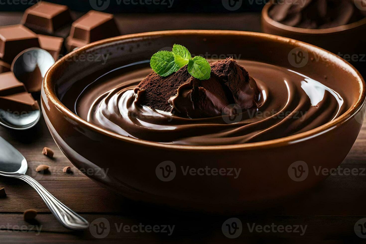 chocolate pudding in a bowl. AI-Generated photo