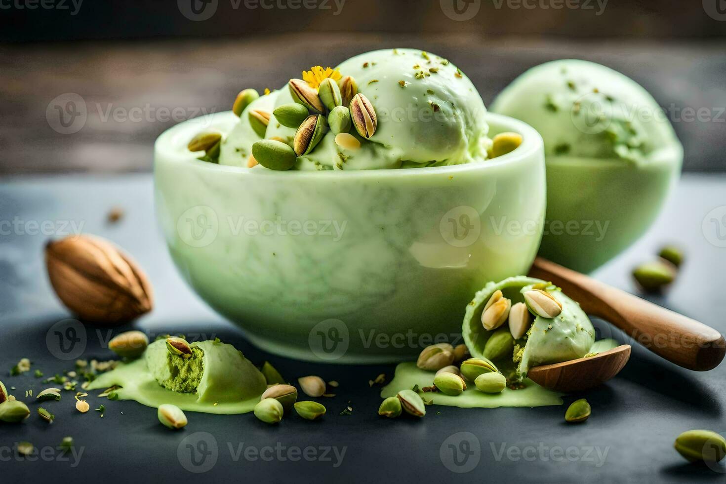 pistachio ice cream in a bowl with pistachio nuts. AI-Generated photo