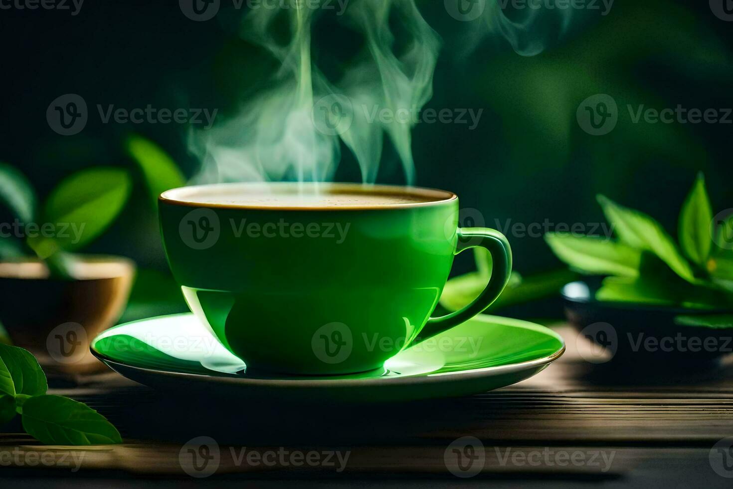 a cup of green tea on a wooden table. AI-Generated photo