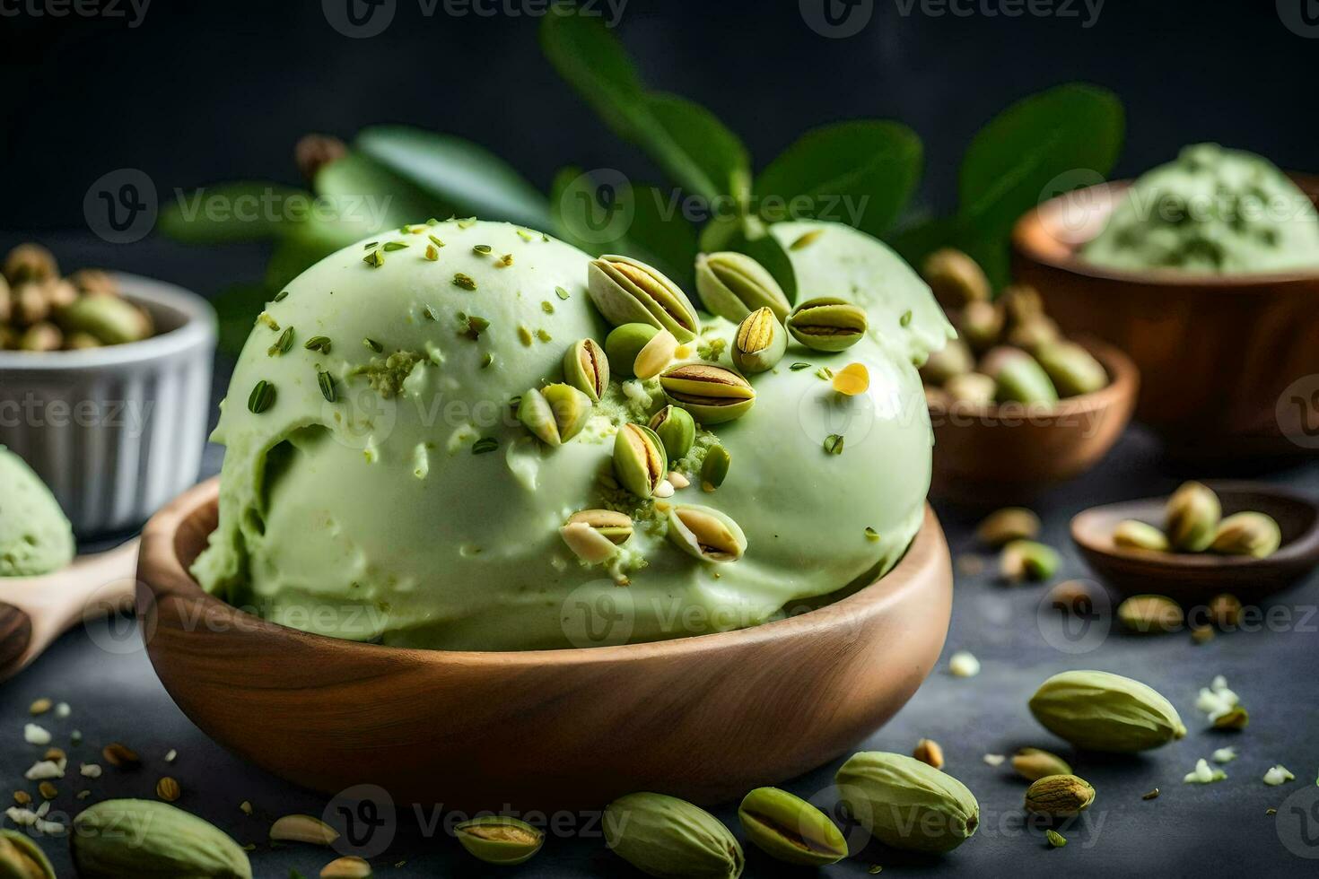 pistachio ice cream in a wooden bowl. AI-Generated photo