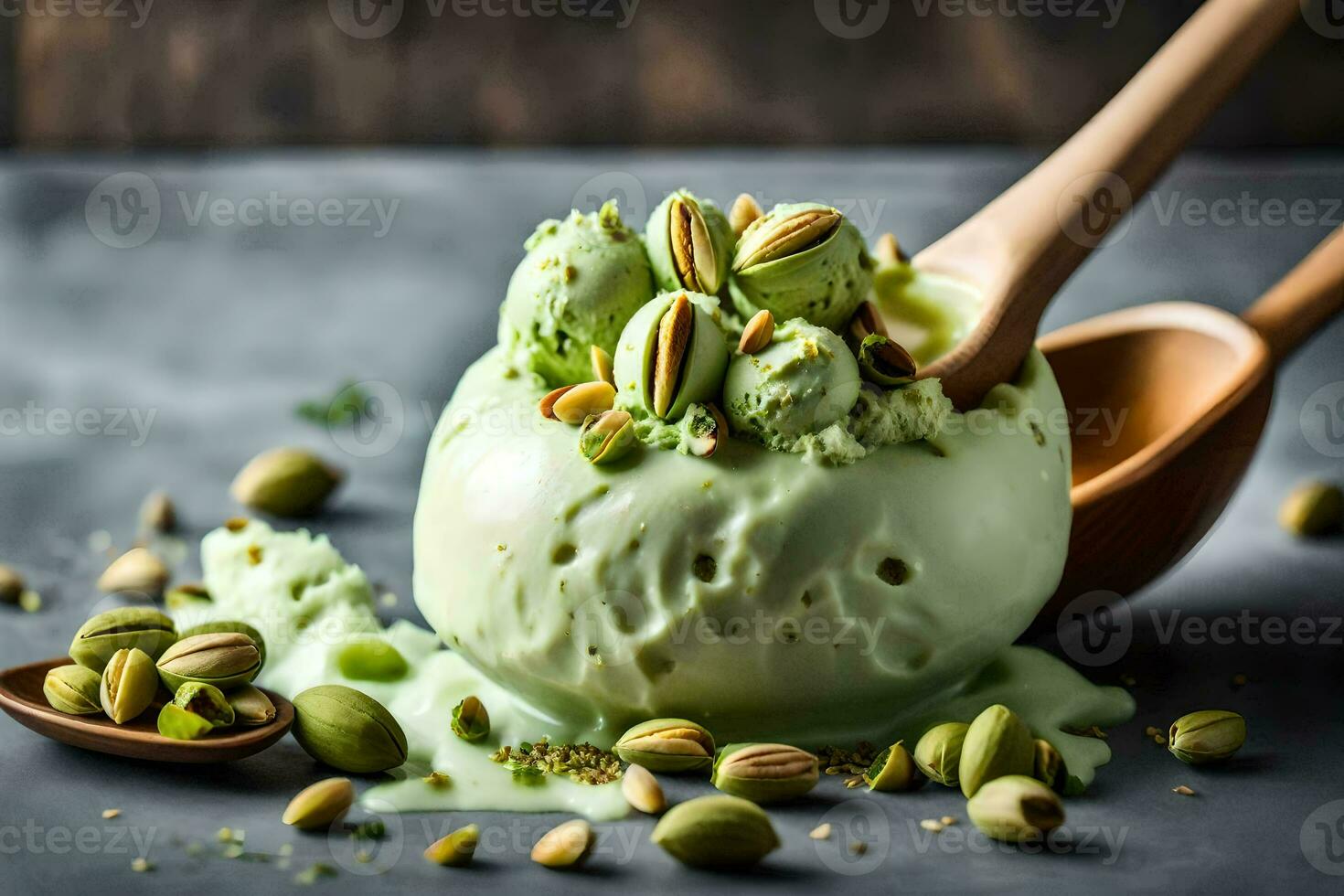 pistachio ice cream with pistachio nuts and pistachio ice cream with pist. AI-Generated photo