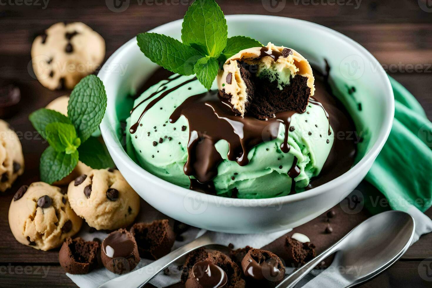chocolate chip cookie dough ice cream with mint leaves. AI-Generated photo