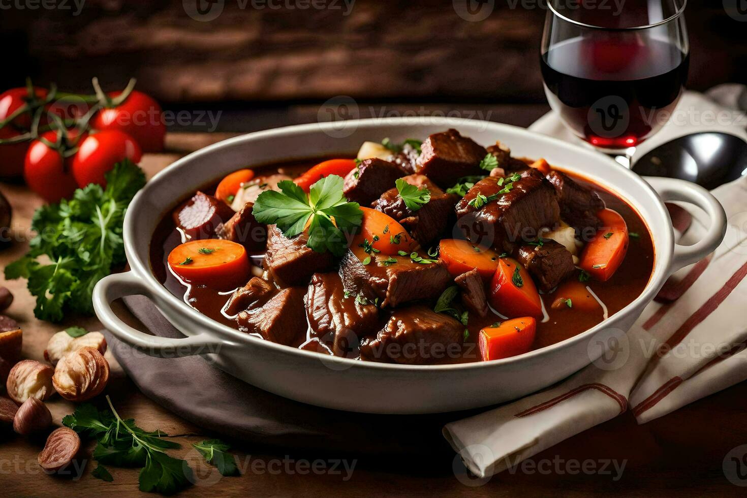 un cuenco de carne de vaca estofado con vegetales y un vaso de rojo vino. generado por ai foto