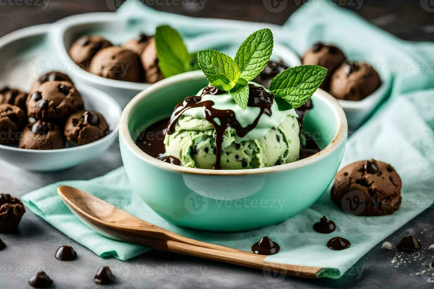 chocolate ice cream with mint and chocolate chips on a blue background. AI-Generated photo