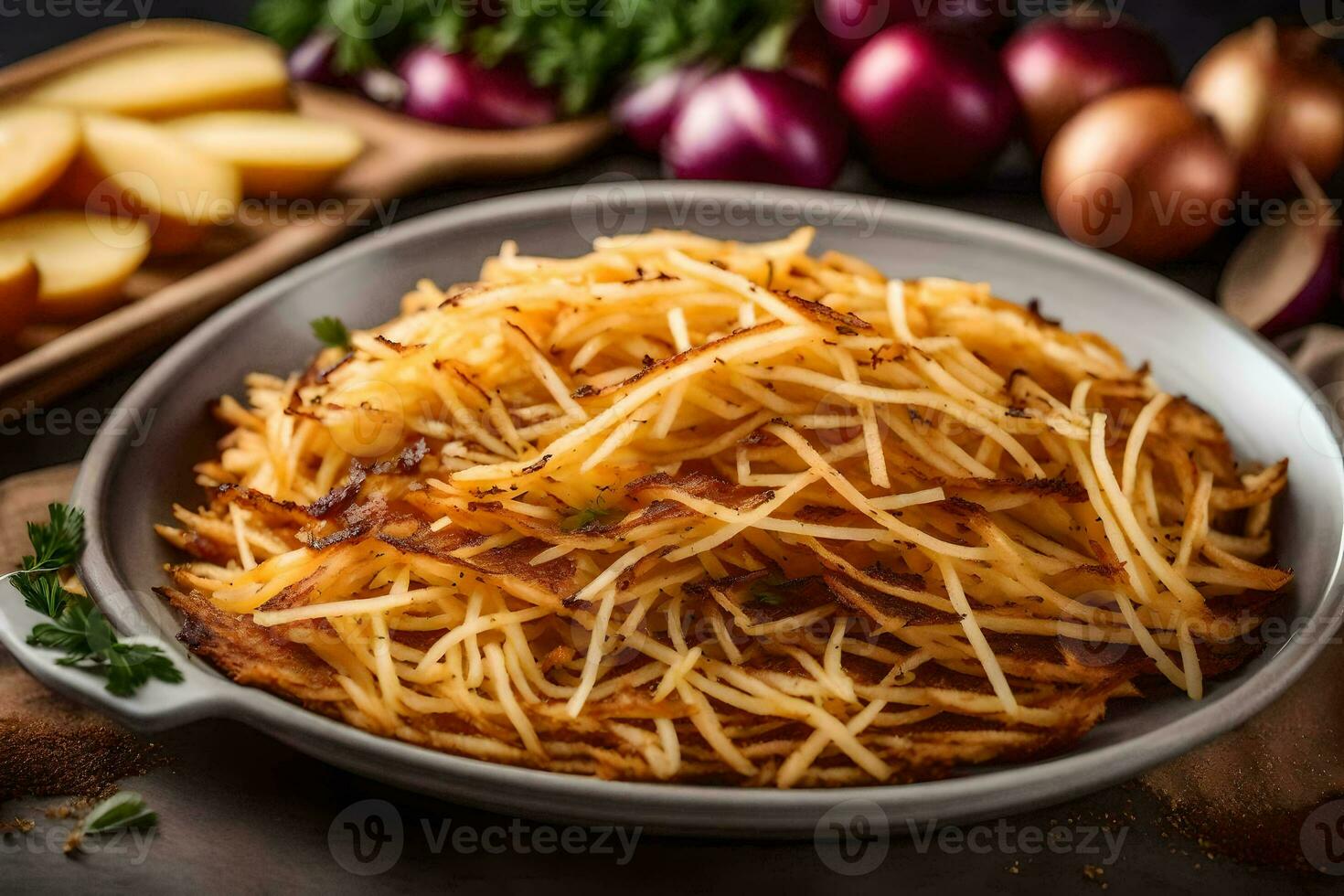 a plate of french fries with onions and garlic. AI-Generated photo