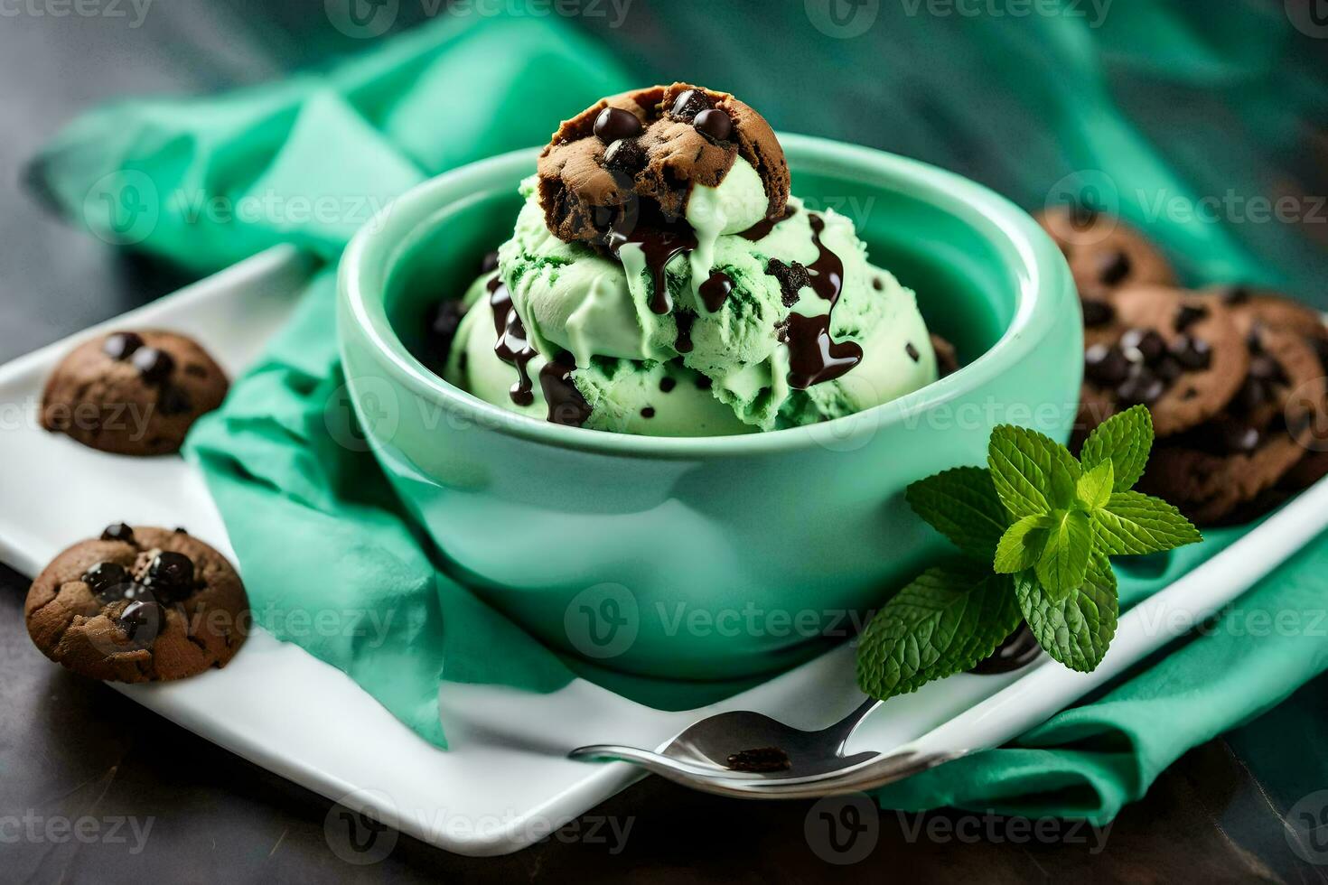 chocolate chip cookies and mint ice cream in a bowl. AI-Generated photo