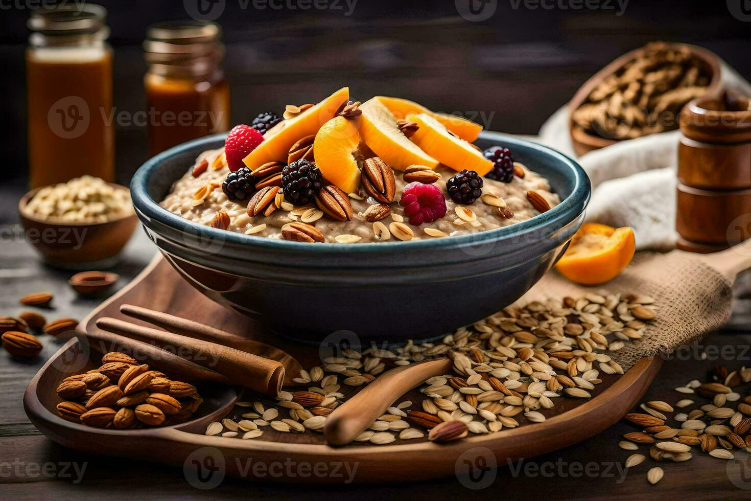 un cuenco de harina de avena con melocotones, Almendras y Pasas. generado por ai foto