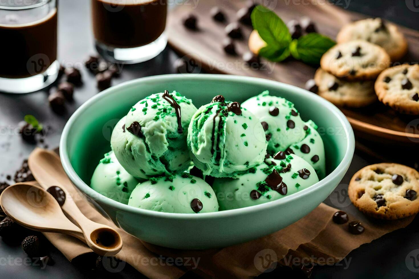 green ice cream with chocolate chips and mint leaves. AI-Generated photo