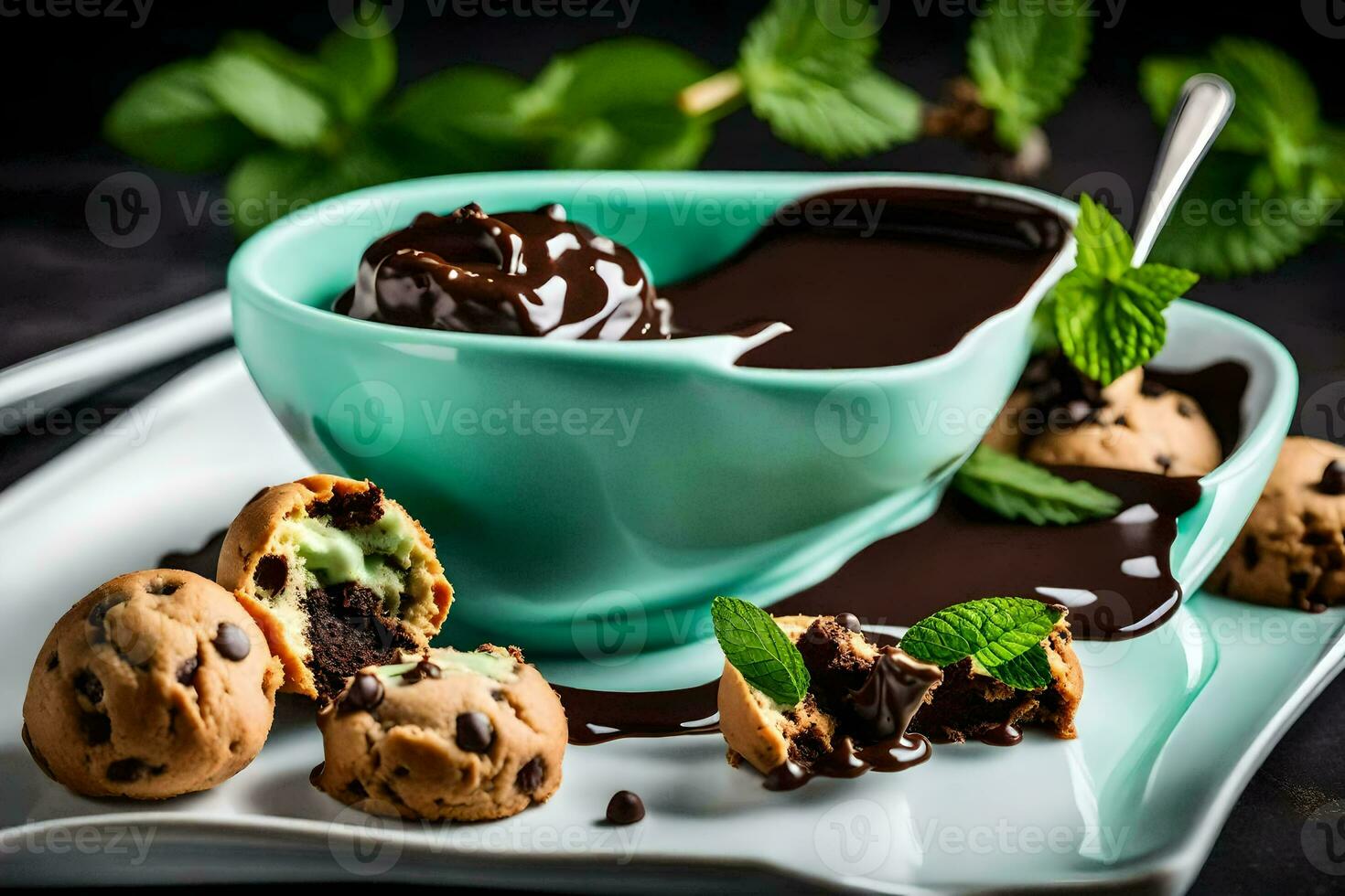 chocolate chip cookies and mint chocolate sauce on a white plate. AI-Generated photo