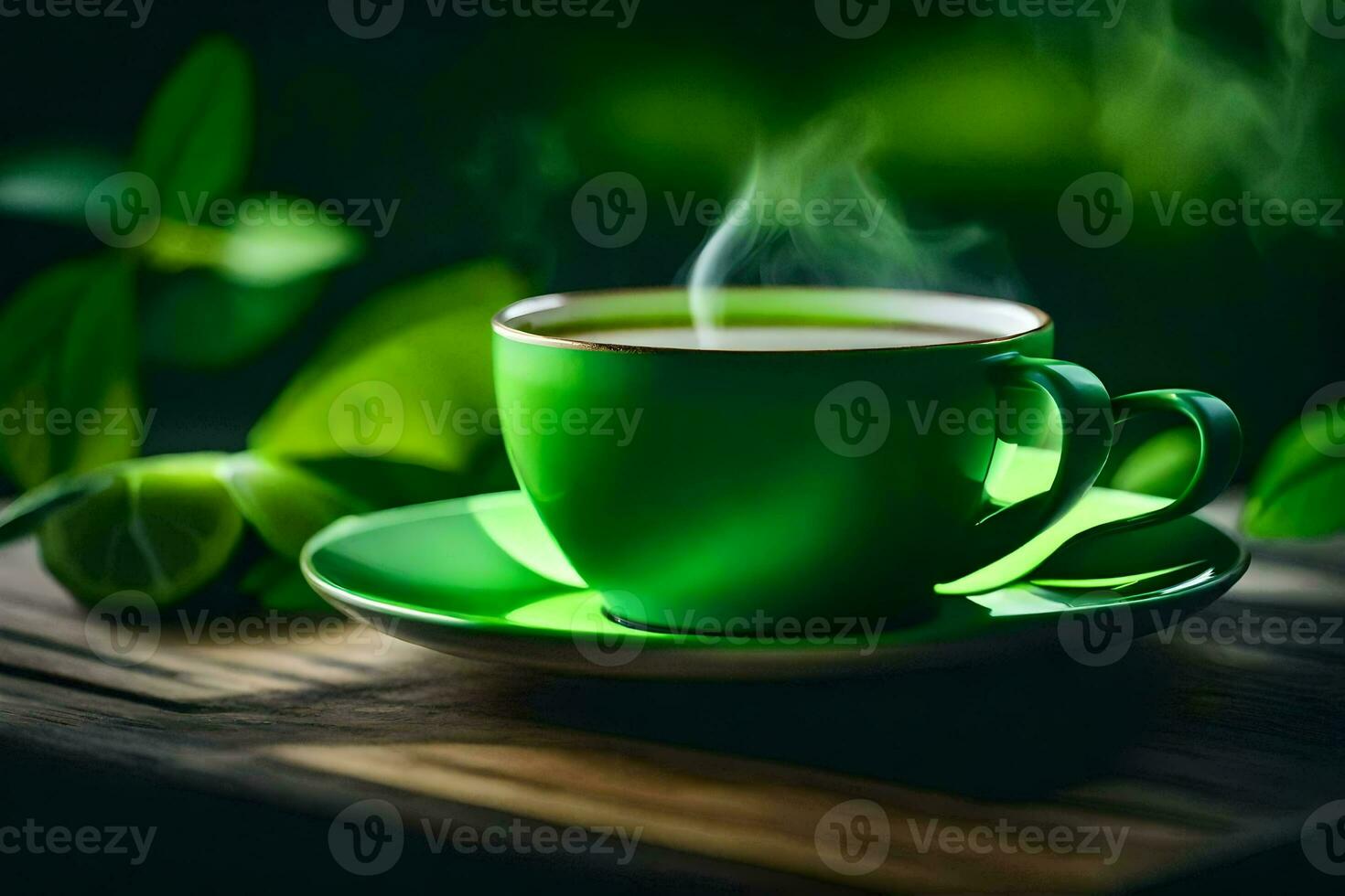 a cup of tea on a wooden table with green leaves. AI-Generated photo