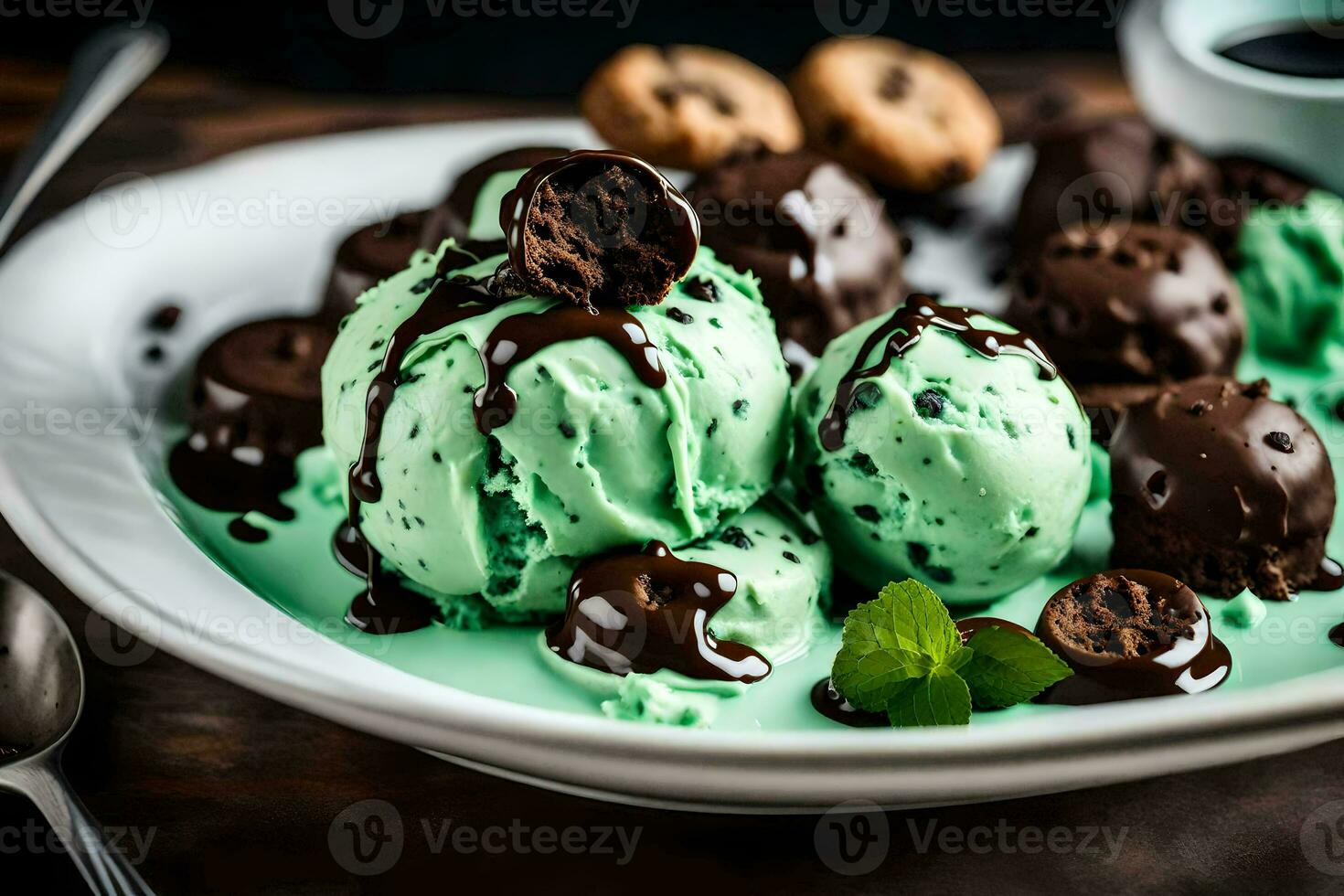 a plate of mint chocolate chip ice cream with cookies. AI-Generated photo