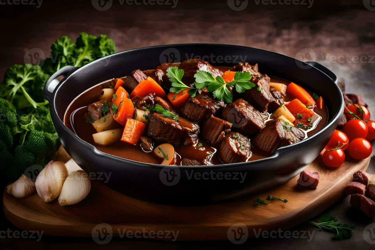 beef stew in a black pan on a wooden table. AI-Generated photo