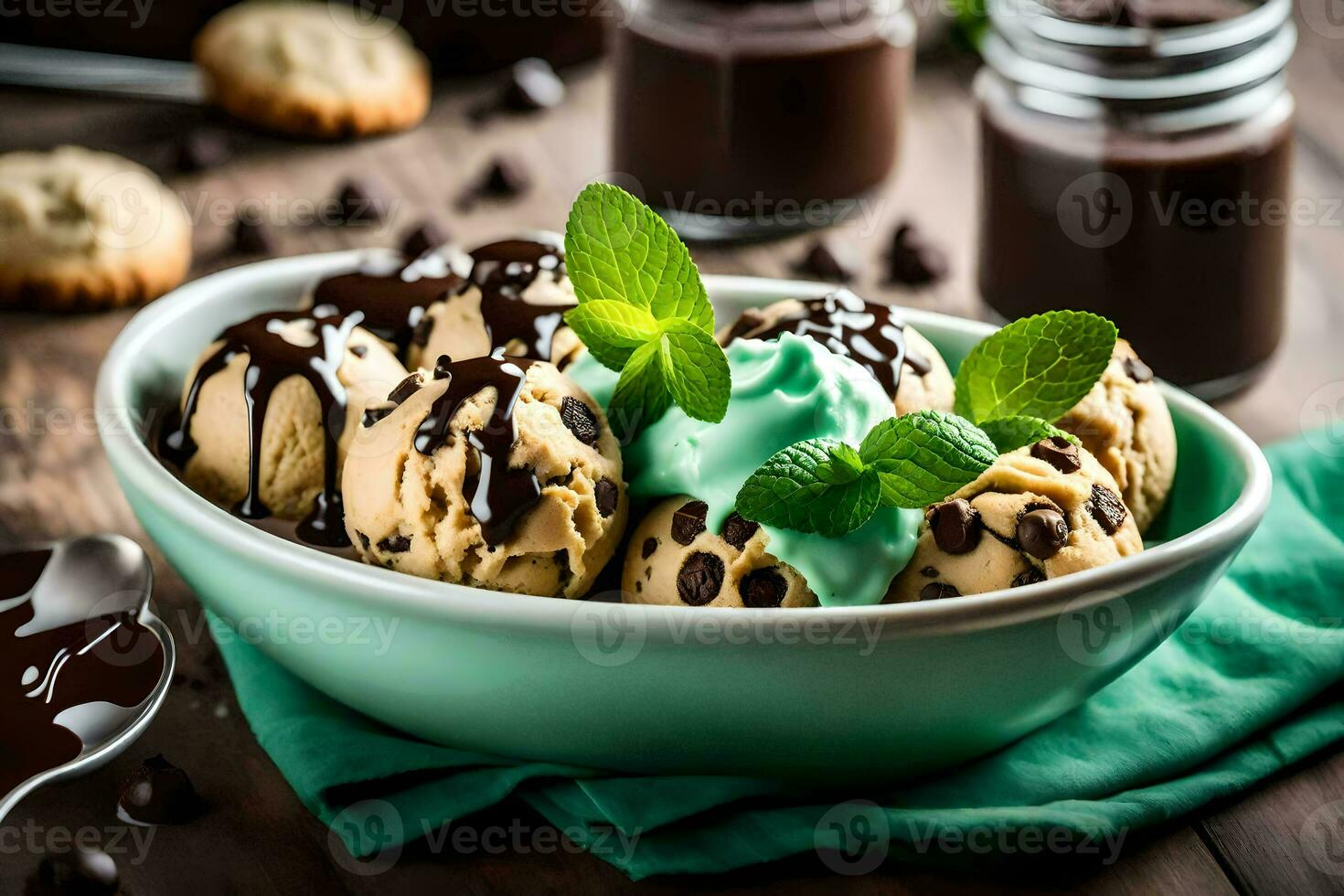 chocolate chip ice cream in a bowl with mint leaves. AI-Generated photo