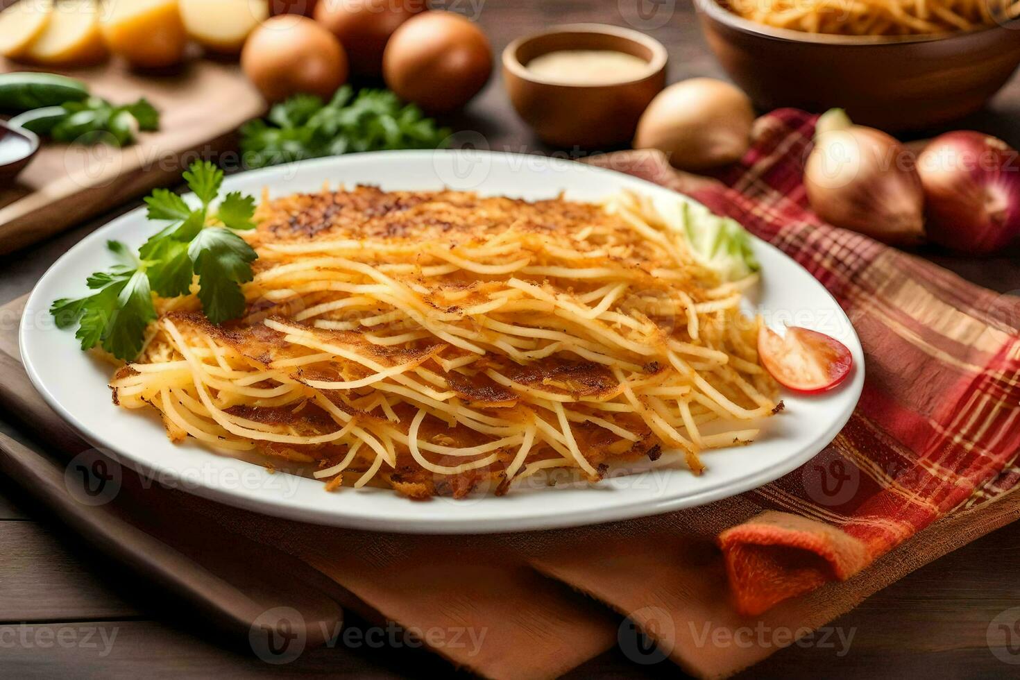 spaghetti with eggs and vegetables. AI-Generated photo