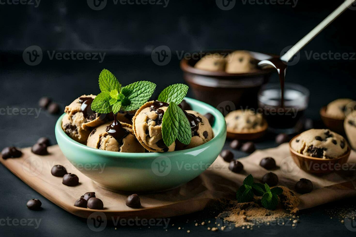 chocolate chip cookies in a bowl with mint leaves. AI-Generated photo