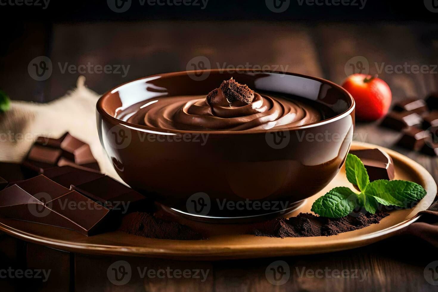 chocolate pudding in a bowl. AI-Generated photo