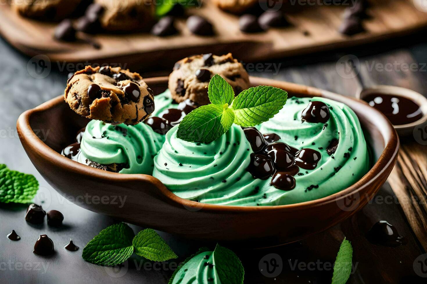 chocolate chip galletas y menta hielo crema en un bol. generado por ai foto