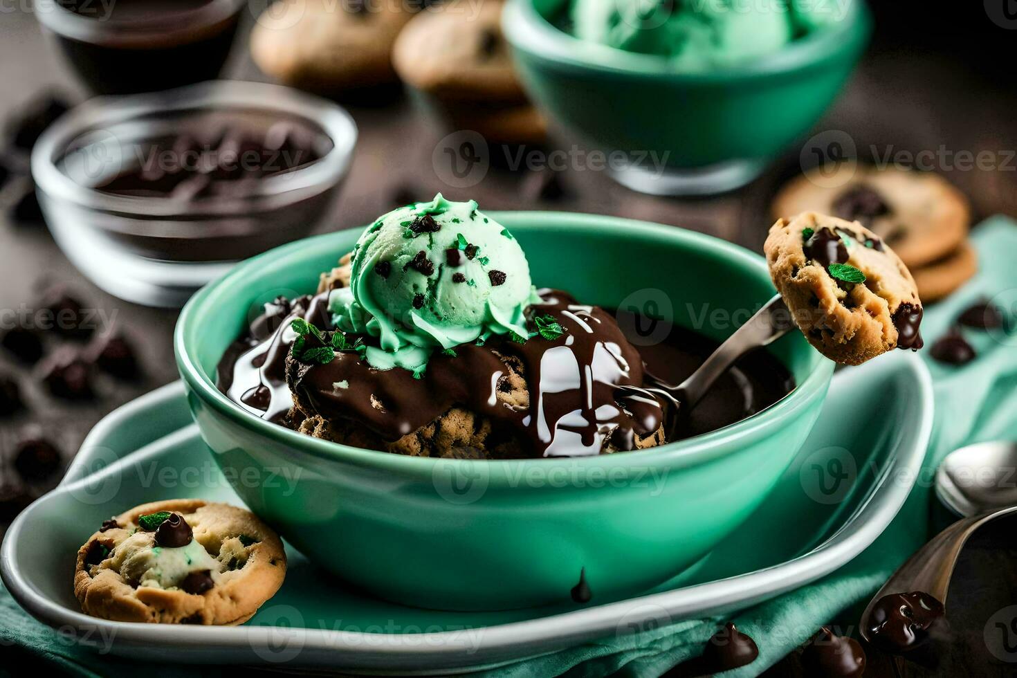 chocolate chip Galleta masa hielo crema en un bol. generado por ai foto