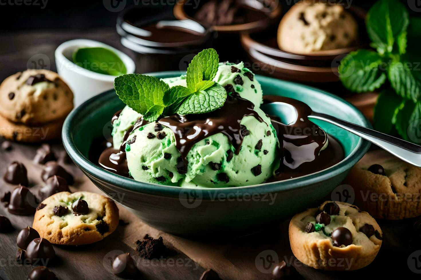 chocolate chip cookies and mint ice cream in a bowl. AI-Generated photo