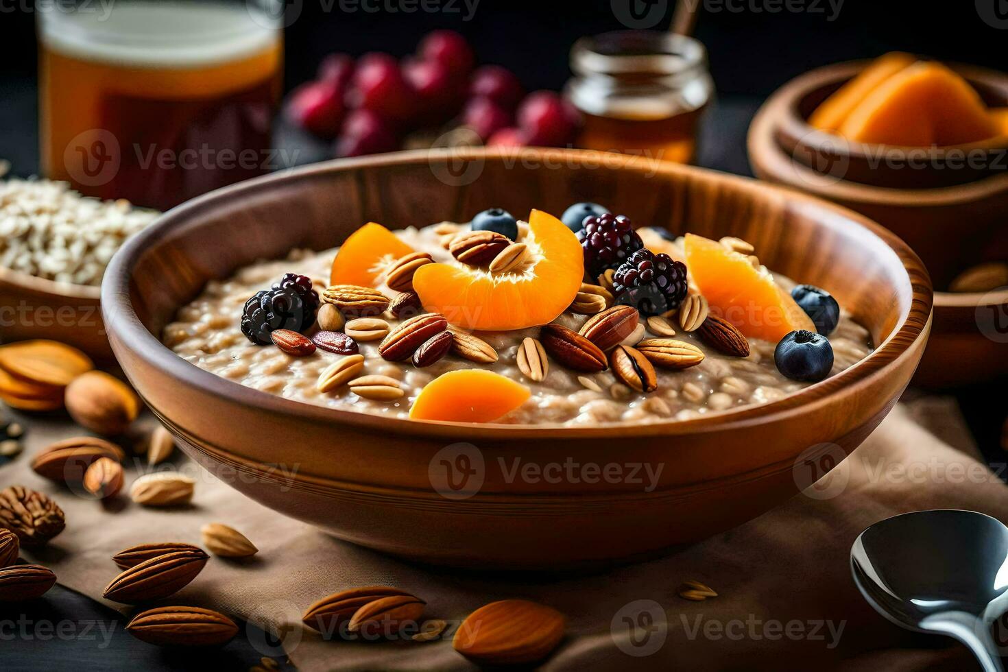 un cuenco de harina de avena con nueces y seco frutas generado por ai foto