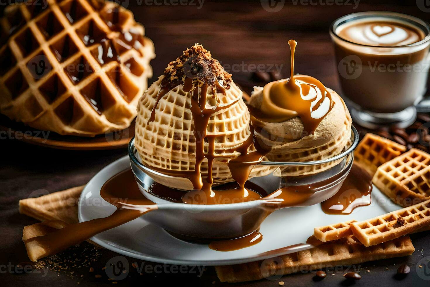 a waffle with caramel and coffee on a wooden table. AI-Generated photo