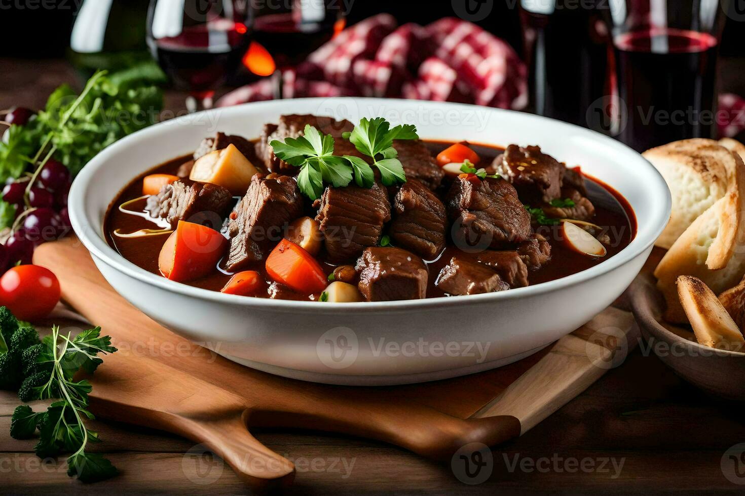 beef stew in a bowl with bread and wine. AI-Generated photo