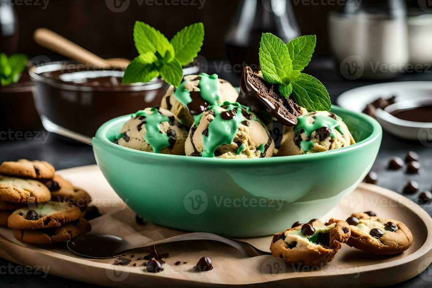chocolate chip cookies and ice cream in a bowl. AI-Generated photo