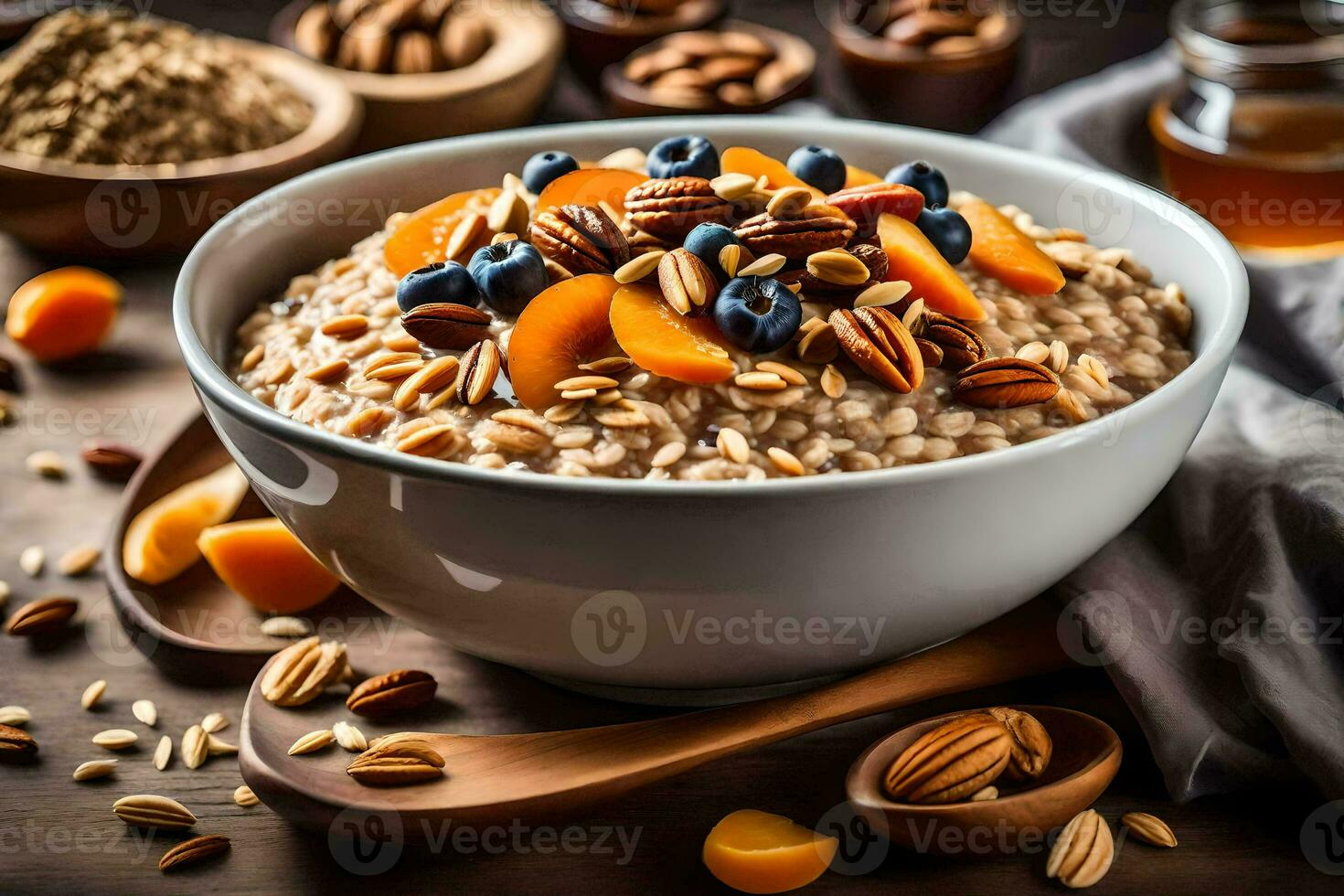 peach and blueberry oatmeal in a bowl. AI-Generated photo