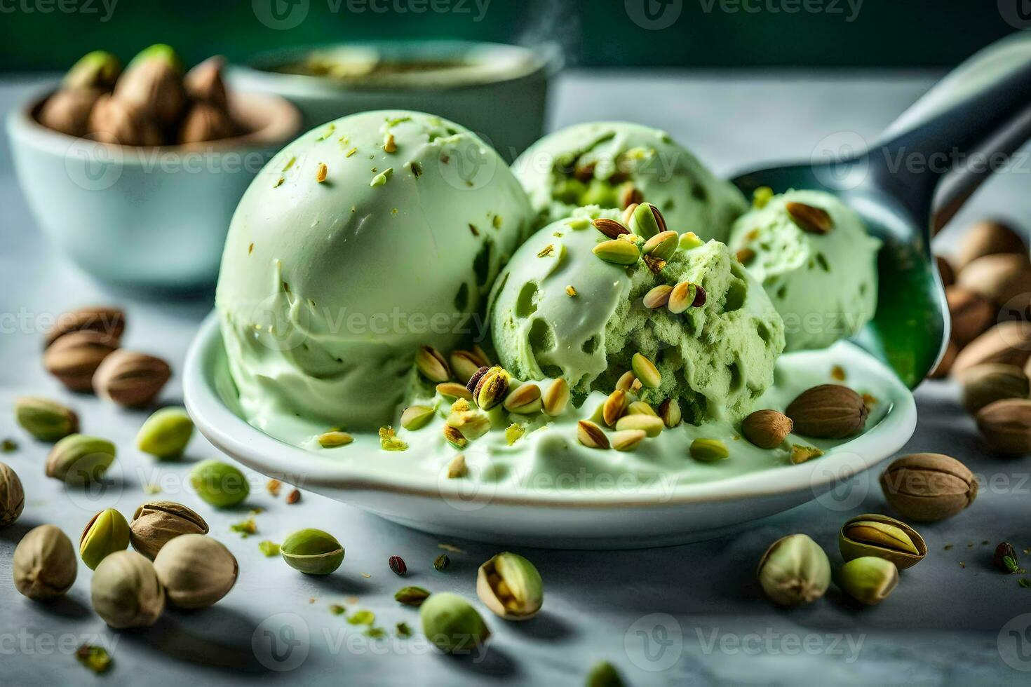 pistachio ice cream in a bowl with pistachios. AI-Generated photo