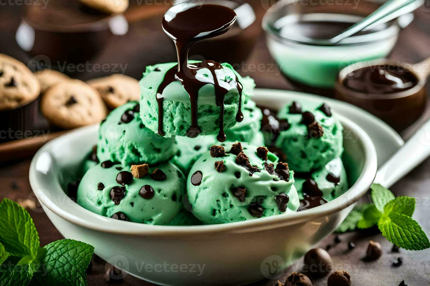 mint chocolate chip ice cream in a bowl. AI-Generated photo