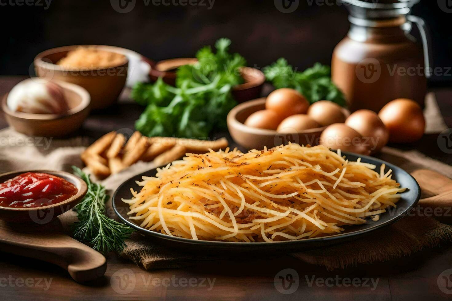 spaghetti with eggs and tomatoes on a plate. AI-Generated photo