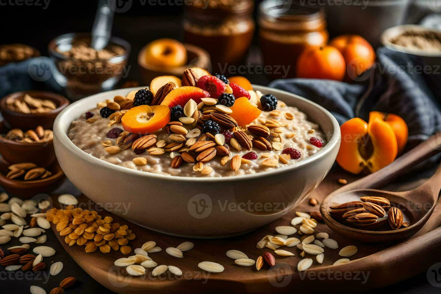 un cuenco de harina de avena con nueces y seco fruta. generado por ai foto