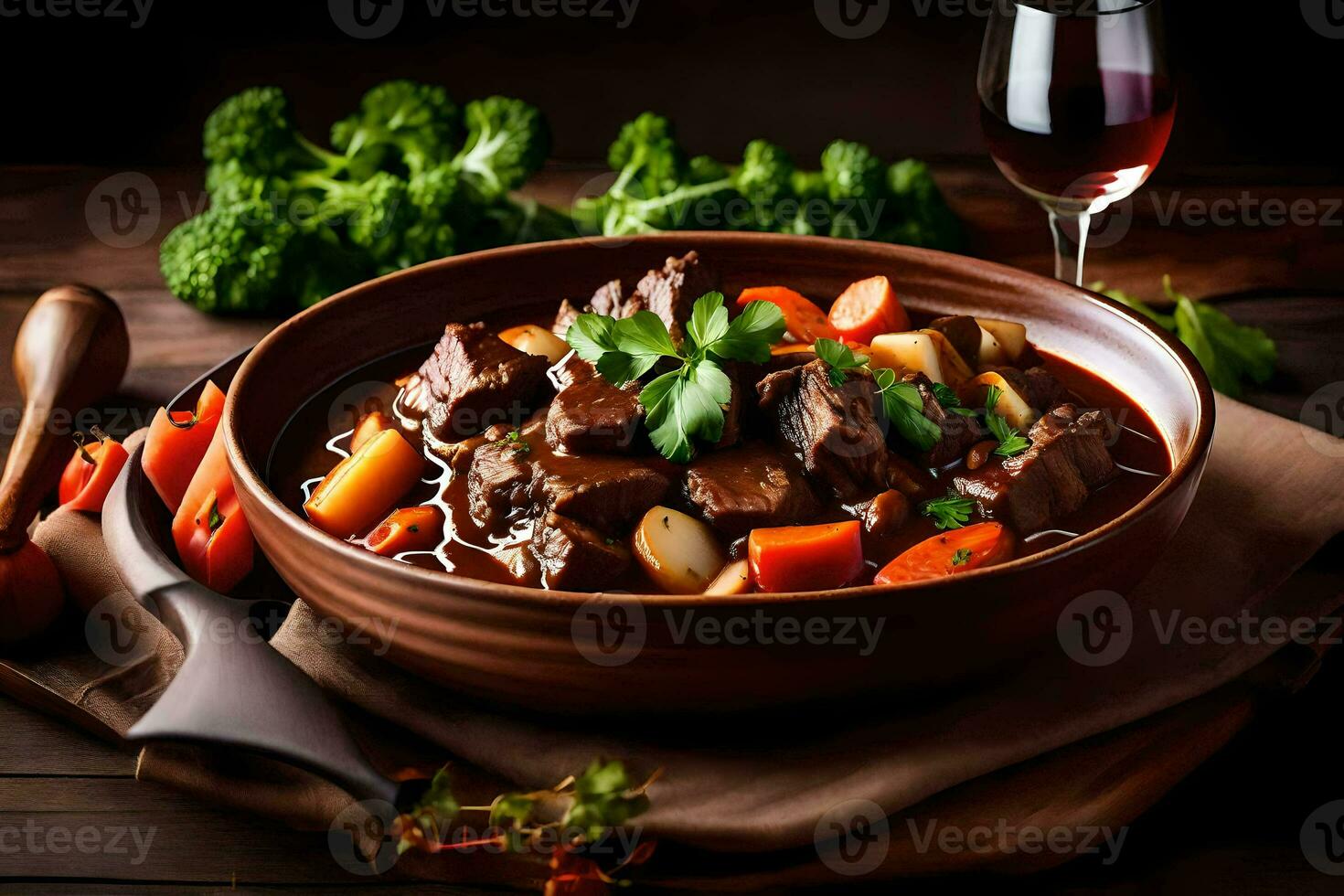 a bowl of beef stew with vegetables and a glass of wine. AI-Generated photo