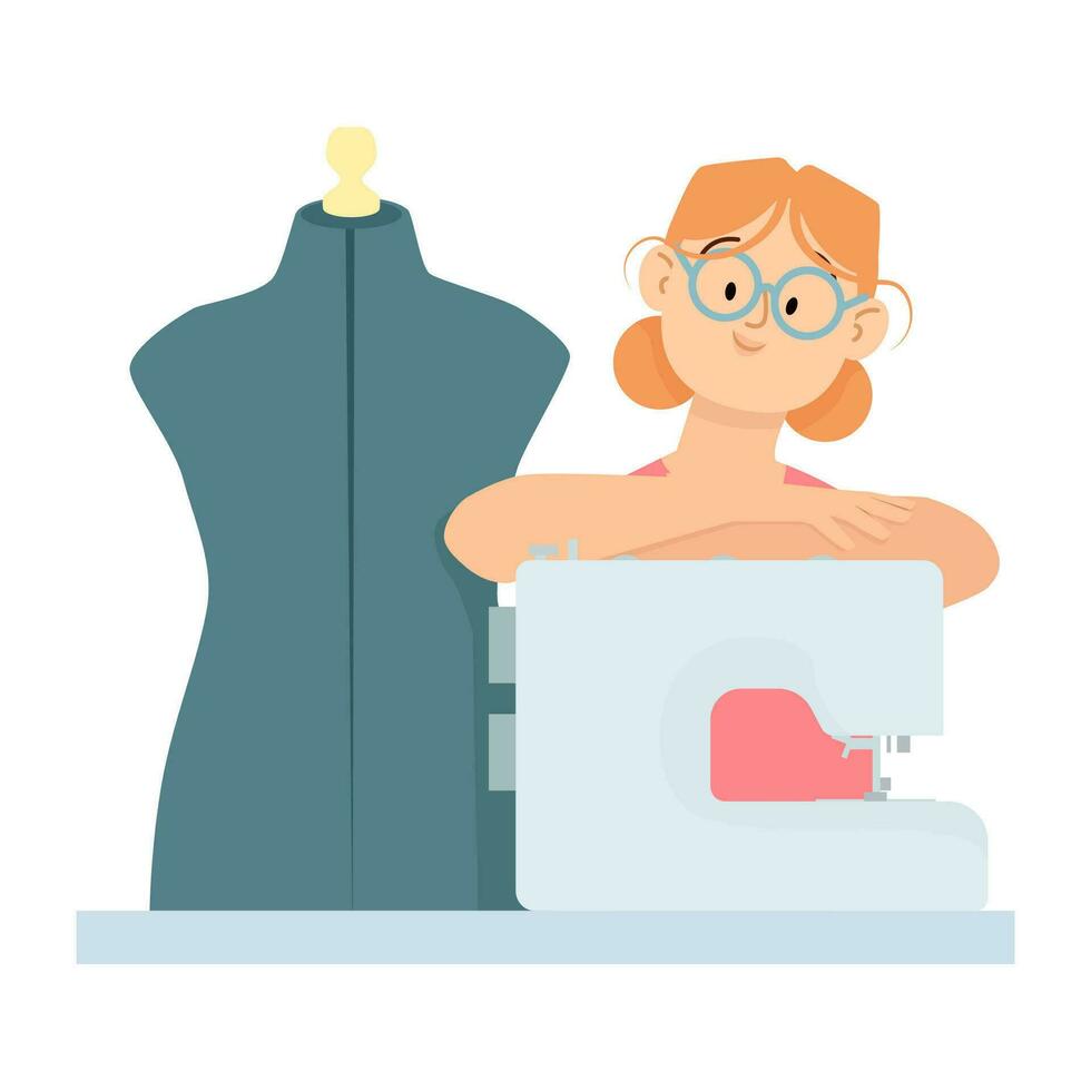 Flat young red-haired girl sitting at a sewing machine vector