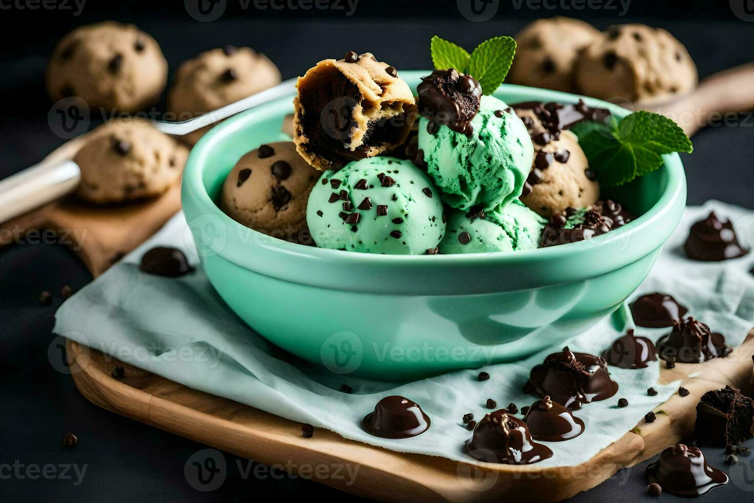 chocolate chip cookie dough ice cream in a bowl. AI-Generated photo