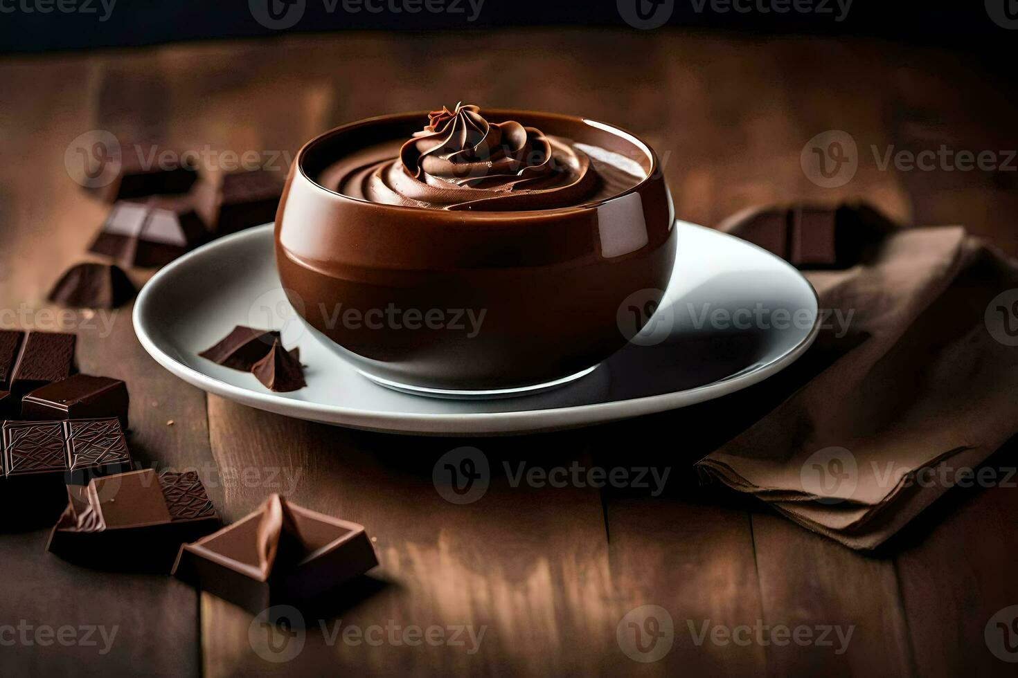 chocolate cup with whipped cream on a wooden table. AI-Generated photo