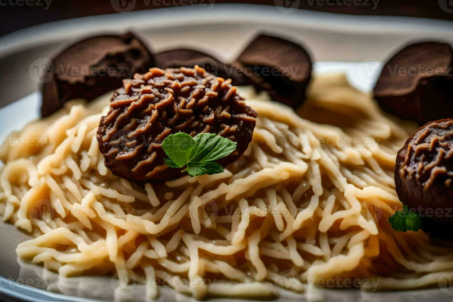 a plate of spaghetti with chocolate covered balls. AI-Generated photo