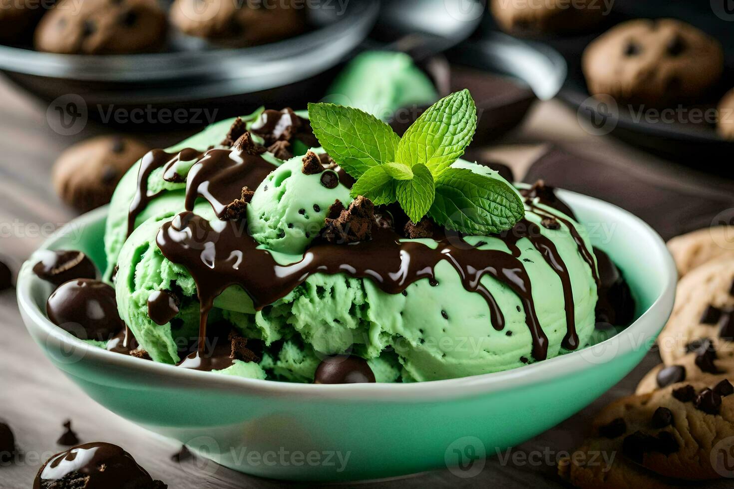 chocolate chip Galleta hielo crema con menta hojas. generado por ai foto