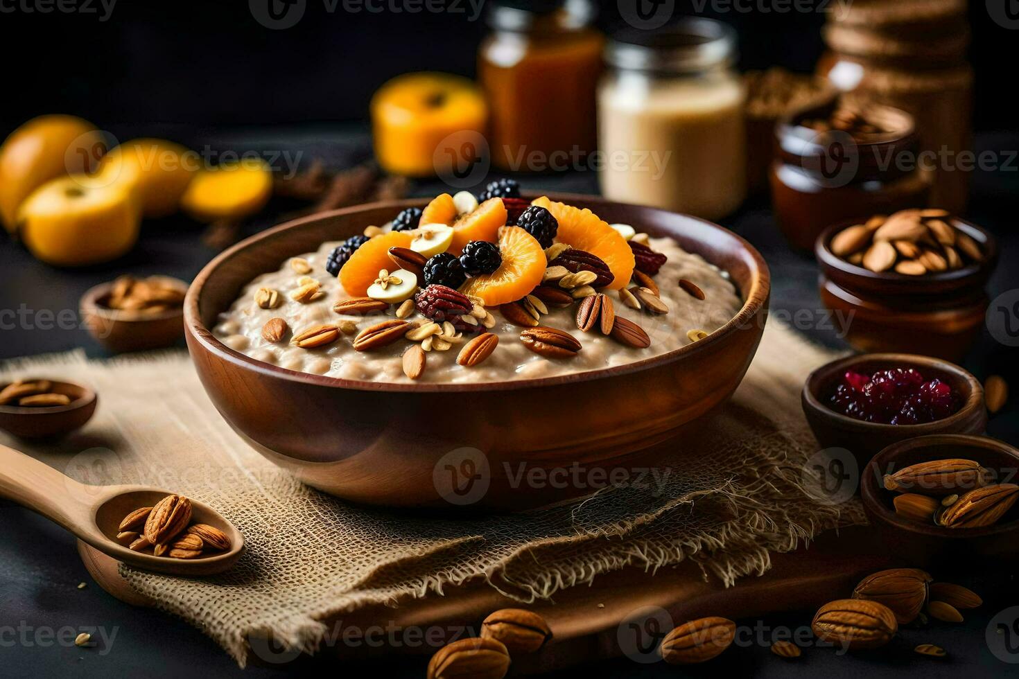 a bowl of oatmeal with nuts and dried fruits. AI-Generated photo