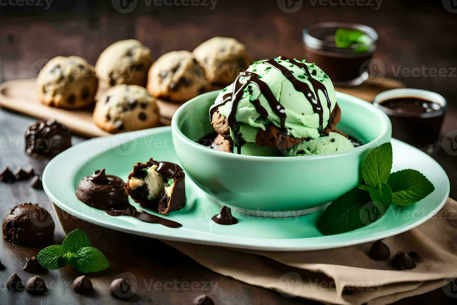 chocolate mint ice cream in a bowl with mint leaves and chocolate cookies. AI-Generated photo