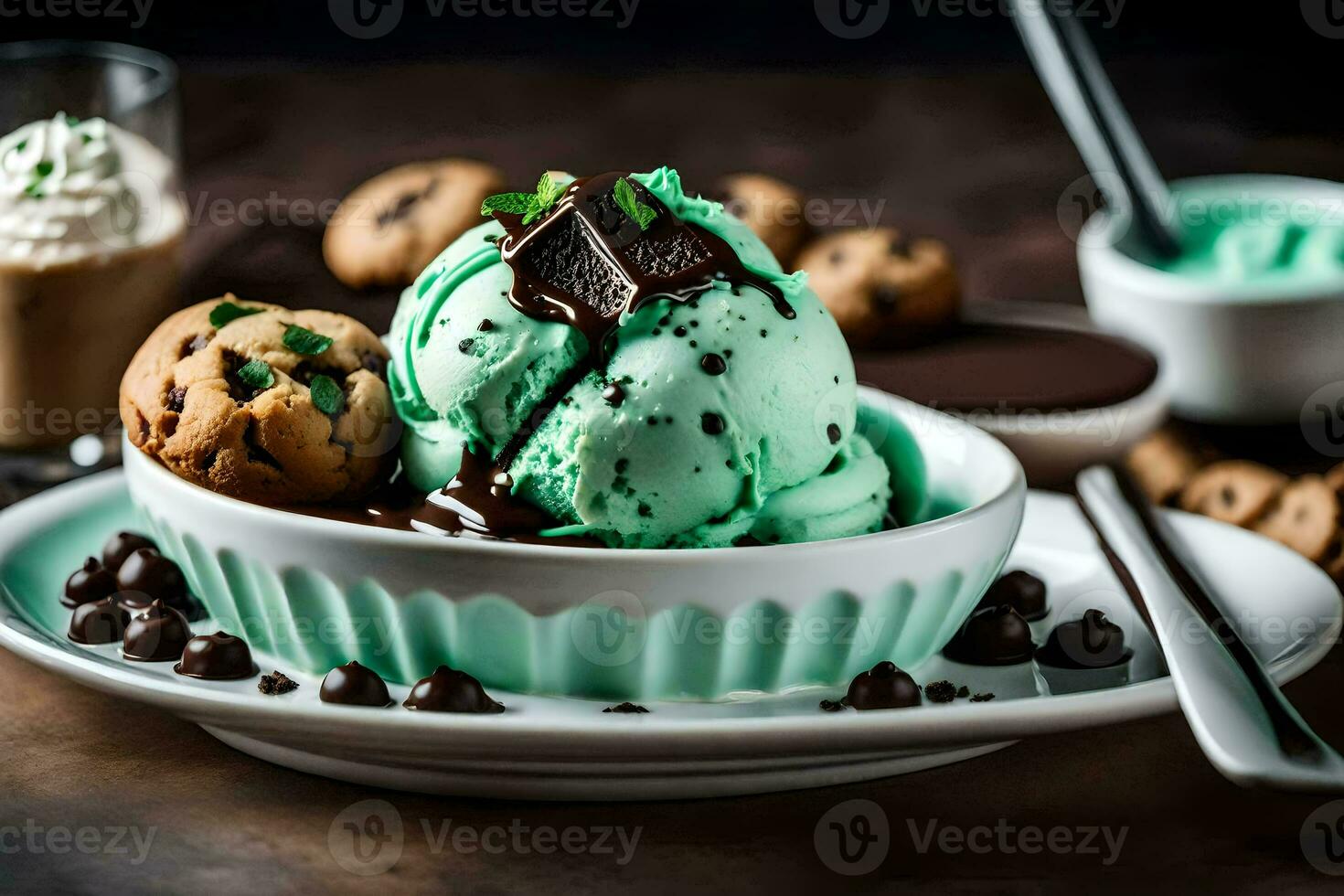 a bowl of mint chocolate chip ice cream with cookies. AI-Generated photo